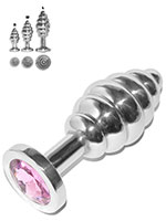 Grooved Rosebud Stainless Steel Buttplug Pink Crystal - Medium